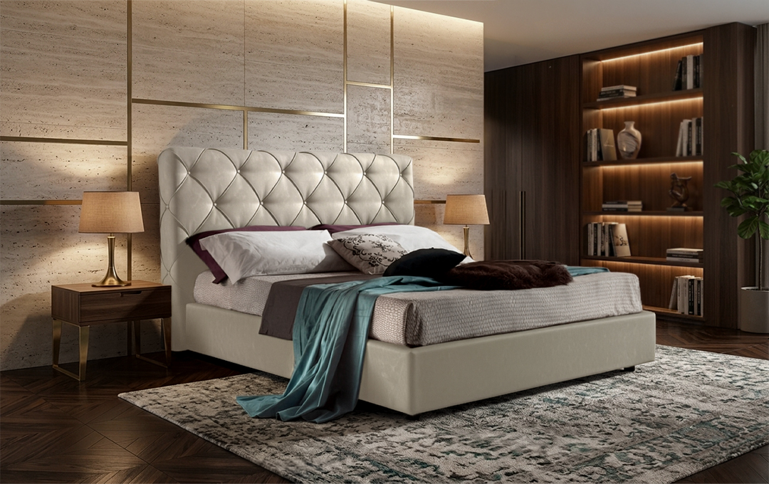 Letto Andromeda - Tessuto, Bianco Tortora, Matrimoniale