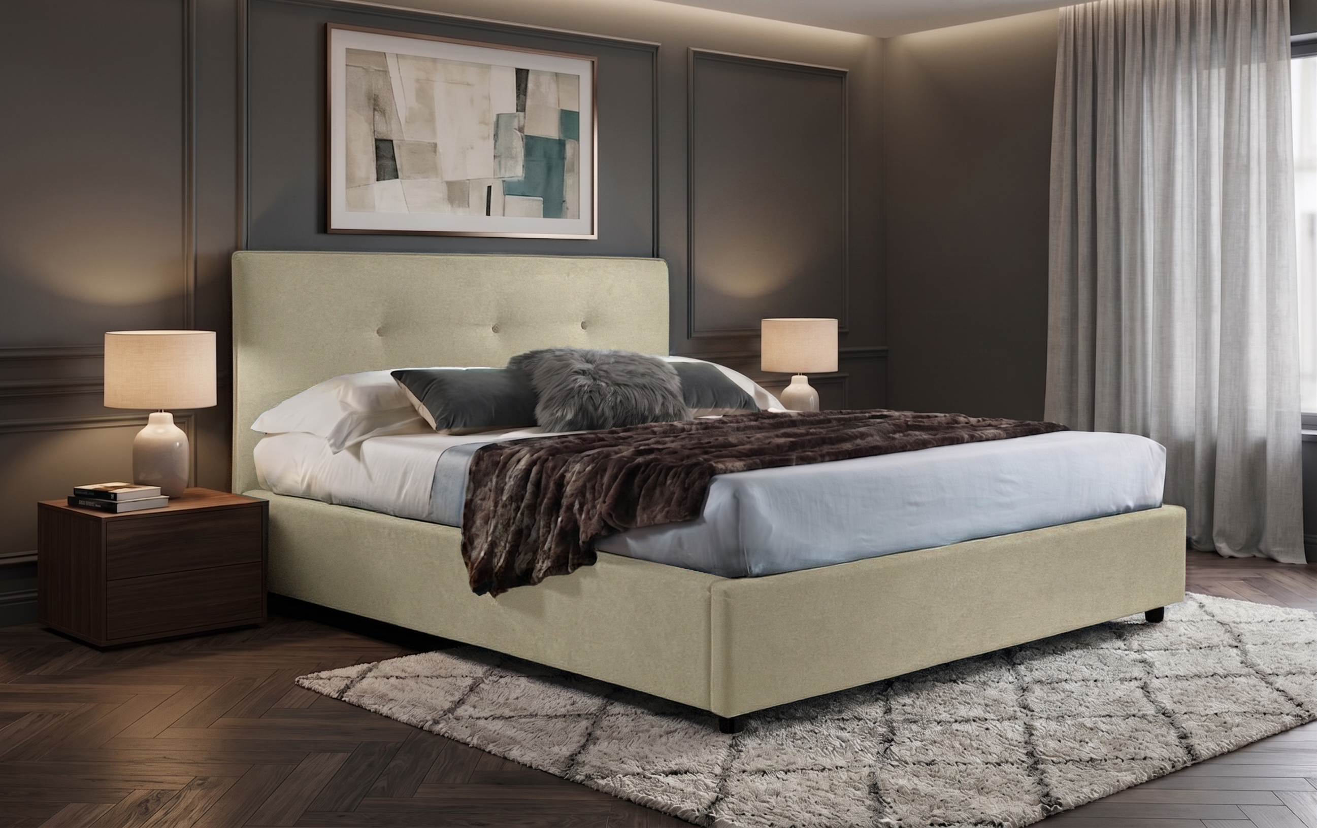 Letto Antares - Tessuto, Bianco Tortora, Matrimoniale