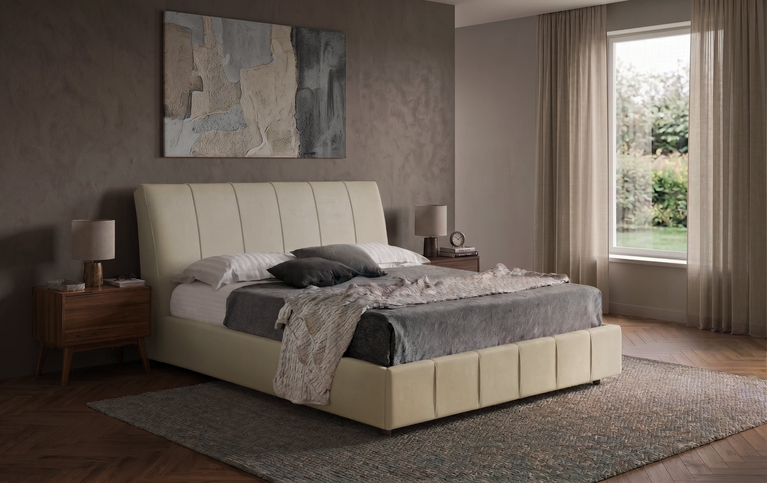 Letto Cassiopea - Tessuto, Bianco Tortora, Matrimoniale