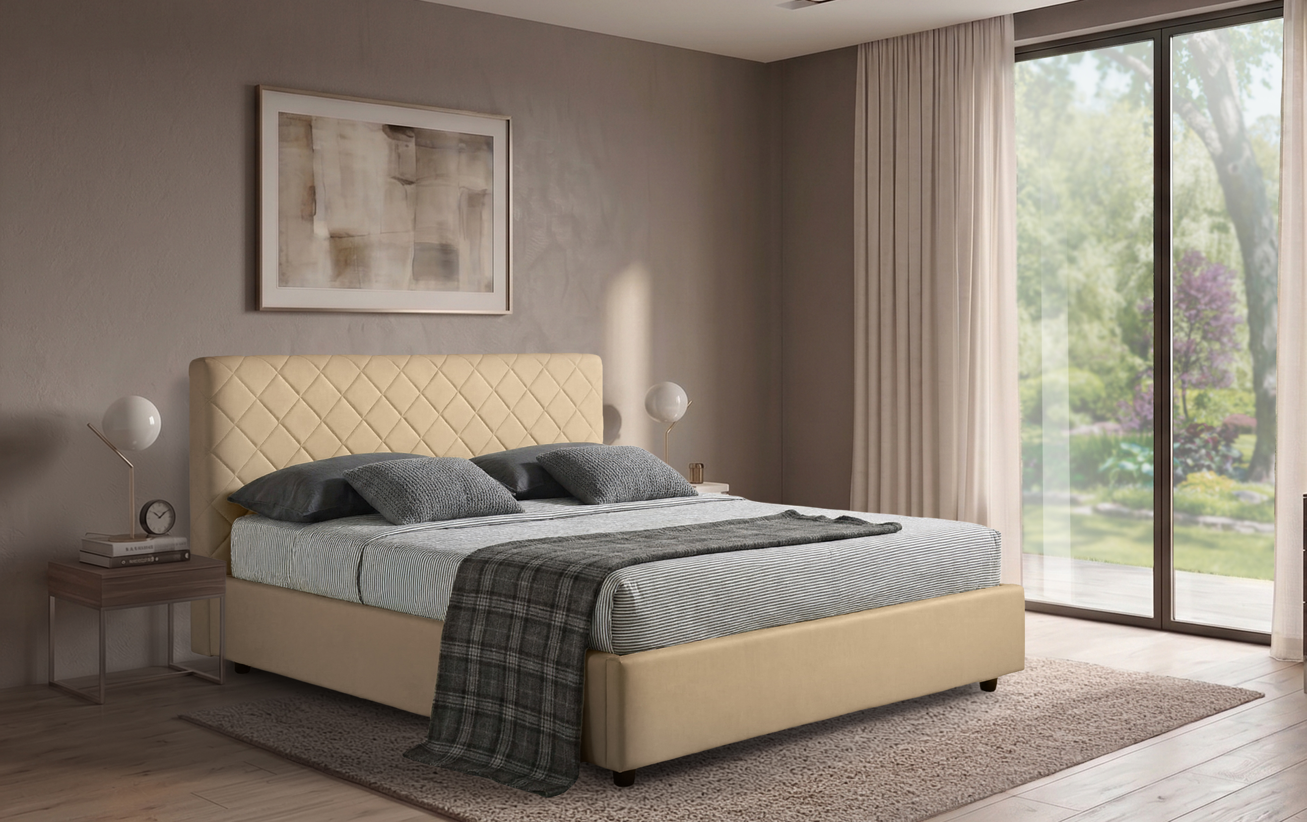 Letto Orione - Ecopelle, Beige, Matrimoniale