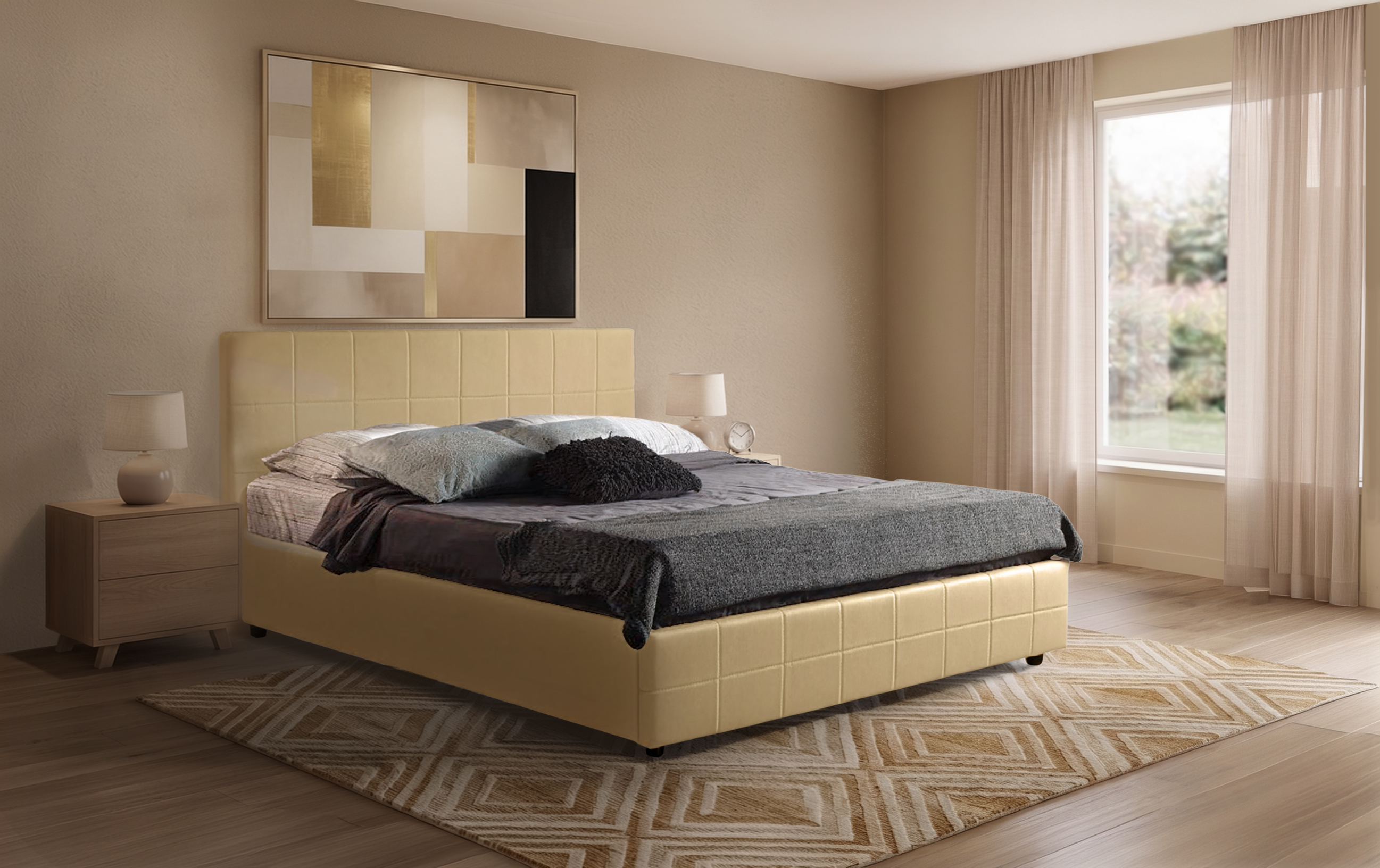 Letto Pegaso - Ecopelle, Beige, Matrimoniale