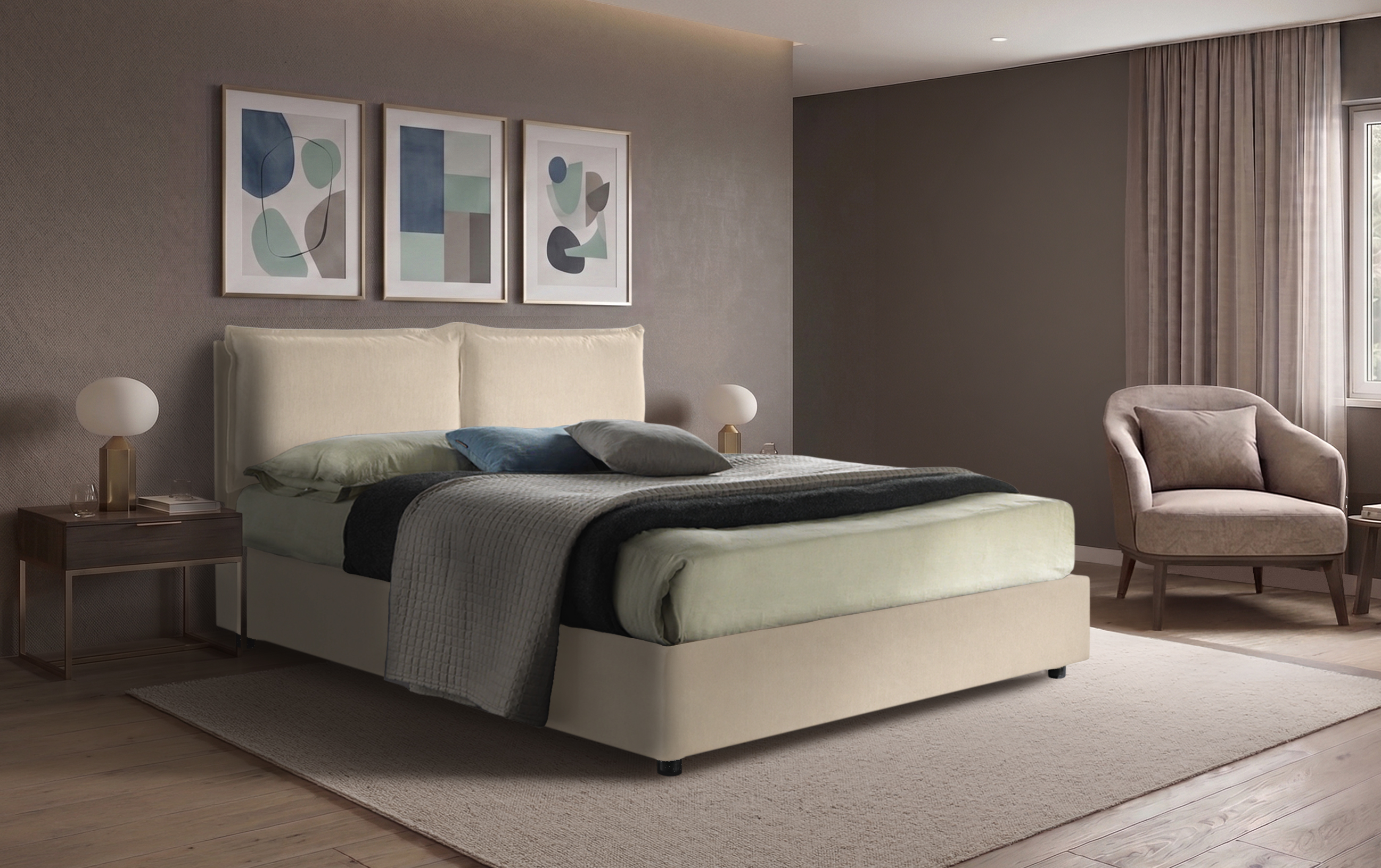 Letto Vega - Tessuto, Bianco Tortora, Matrimoniale