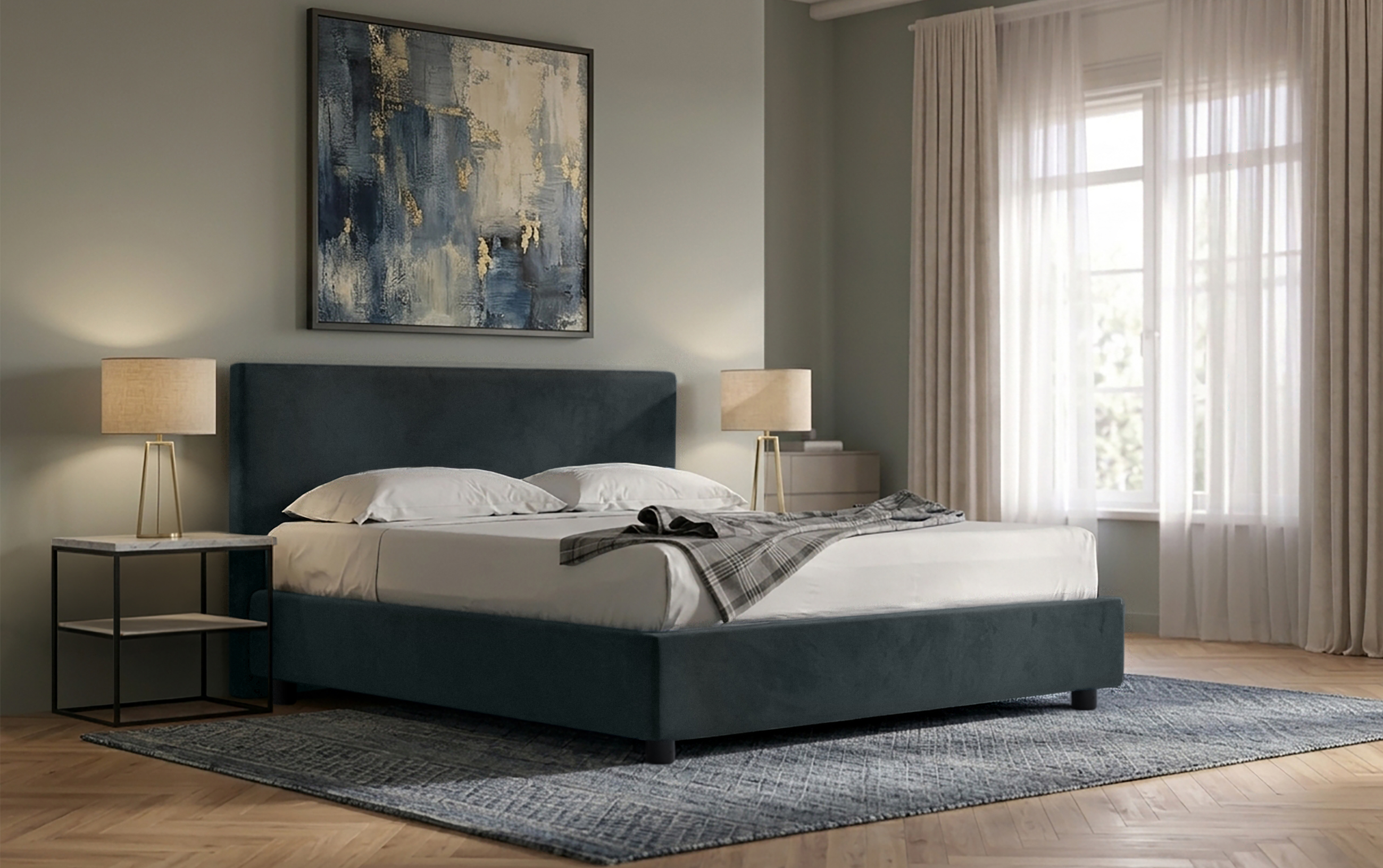 Letto Ambra - Tessuto, Grigio Scuro, Matrimoniale con contenitore