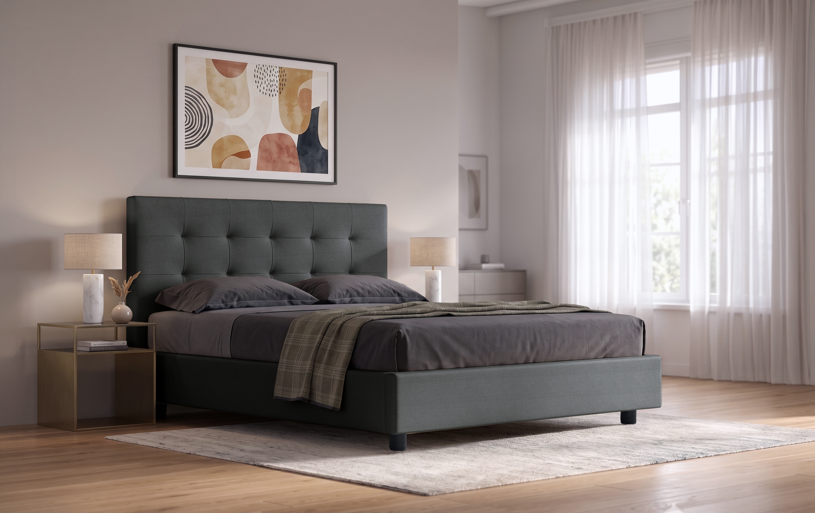 Letto Perla - Tessuto, Grigio, Matrimoniale con contenitore