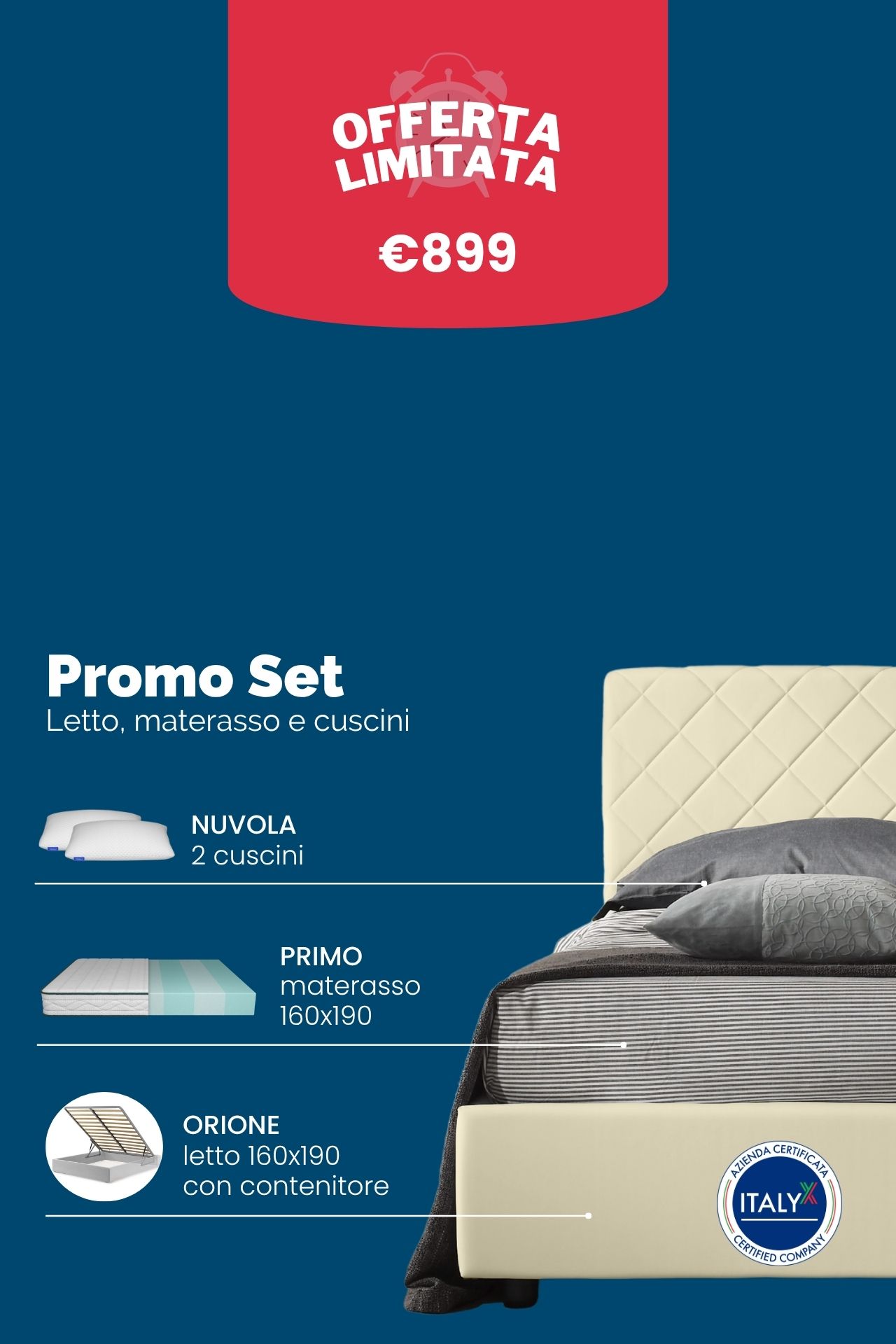 Set Letto Orione - Materasso Primo - Cuscini Nuvola